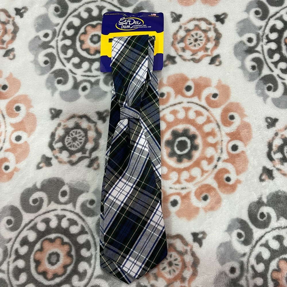 Girl’s uniform scottish tie, Navy Blue, gray and green.